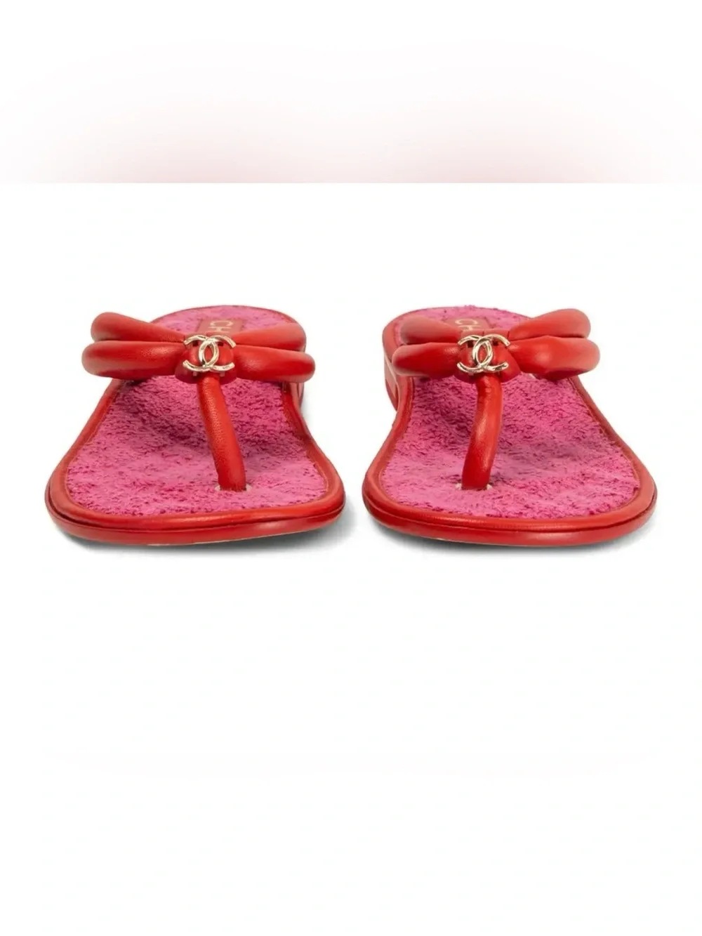 CHANEL red leather & pink terry cloth FLAT THONG Sandals Shoes 38